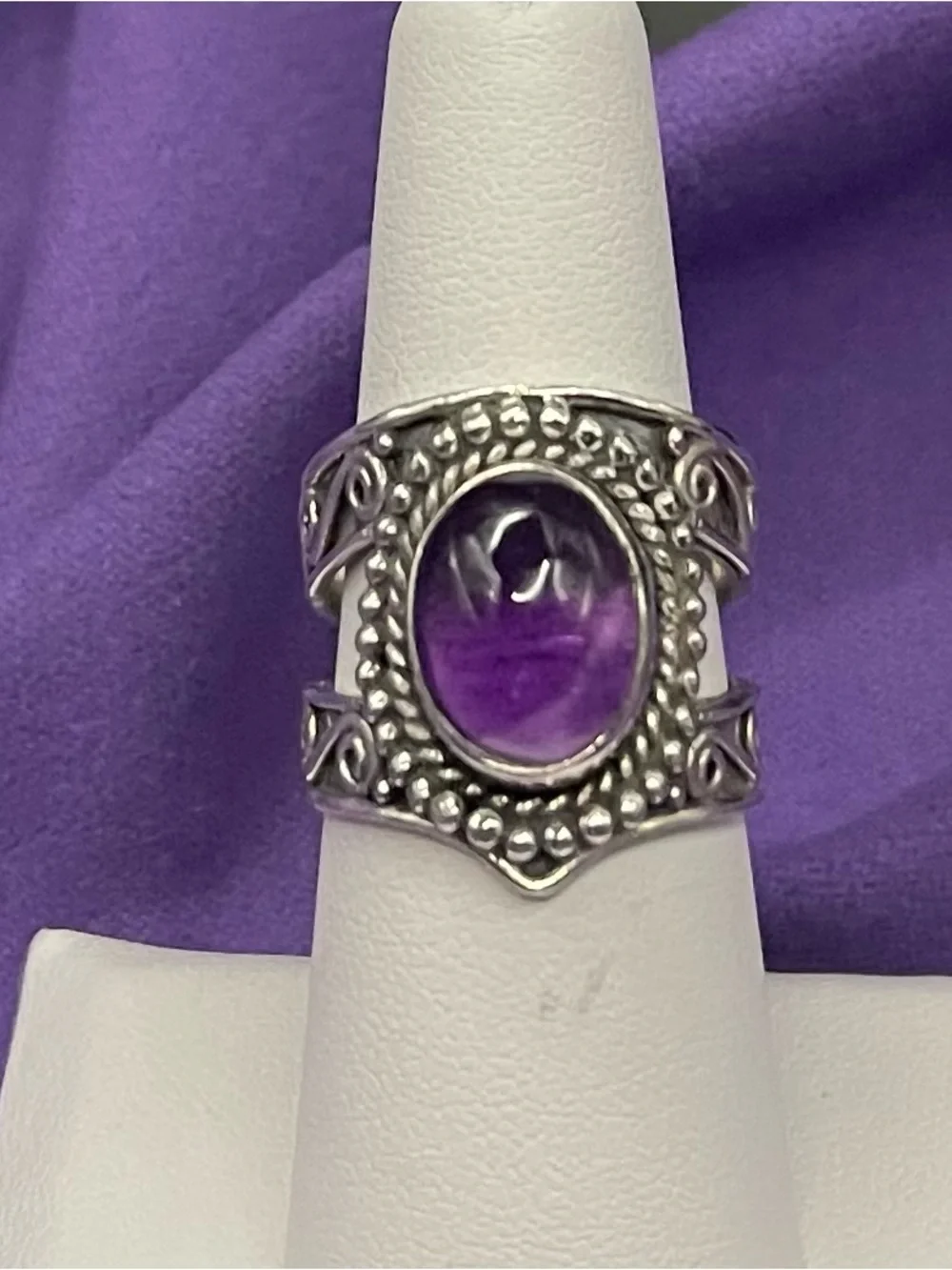 Vtg  SS  oval, amethyst statement, ring size 7 Boho wide band.   8.34  grams